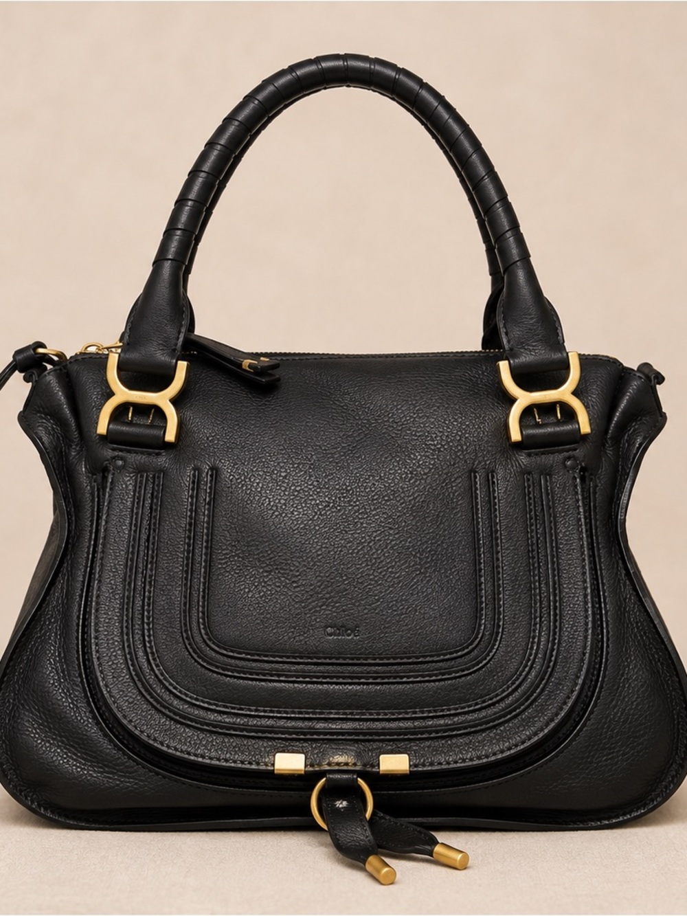 Chloé Marcie Large Black Leather Satchel Handbag Gold Hardware